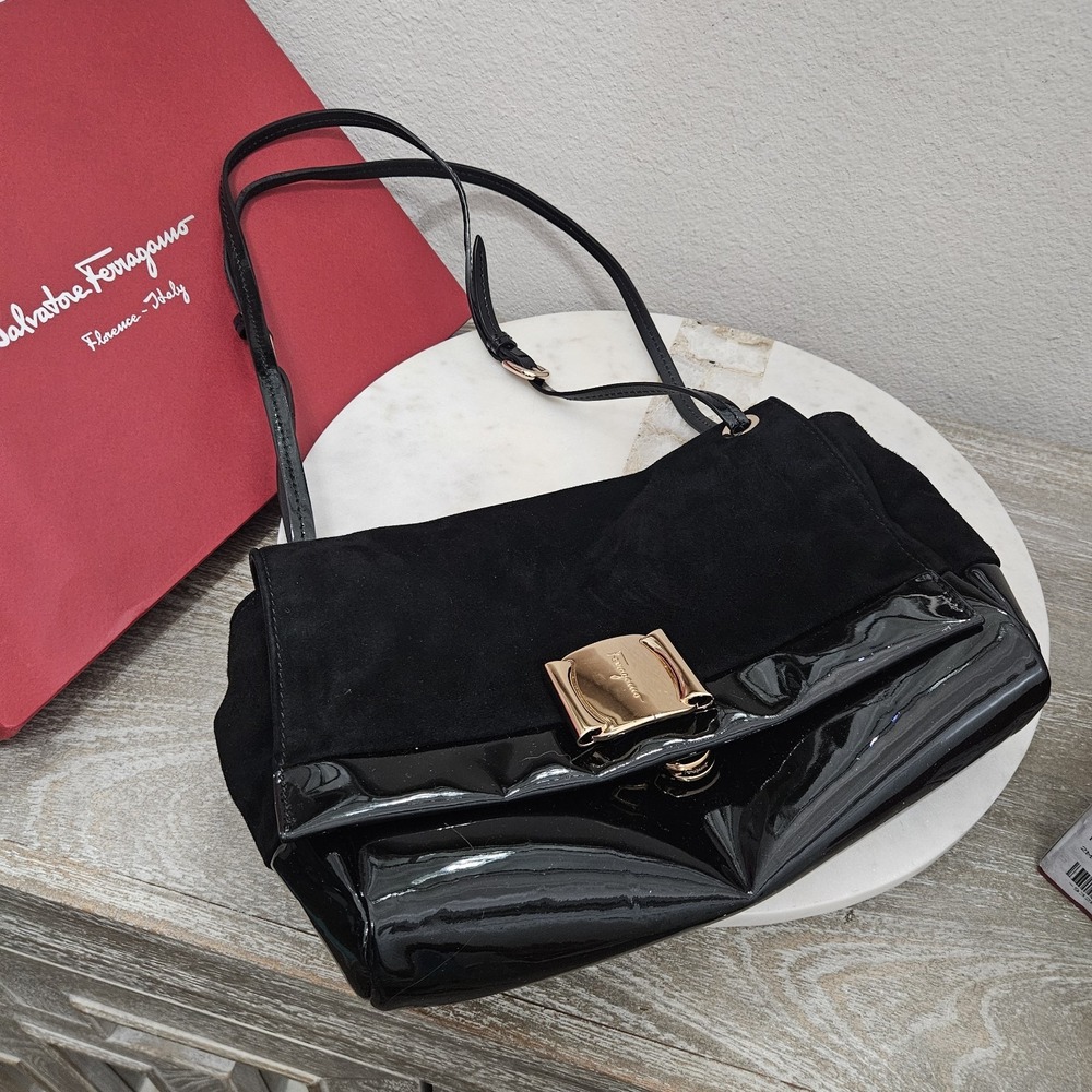 Salvatore Ferragamo Helen Nappa Calf Suede Leather Shoulder Bag in Black/Gold‎